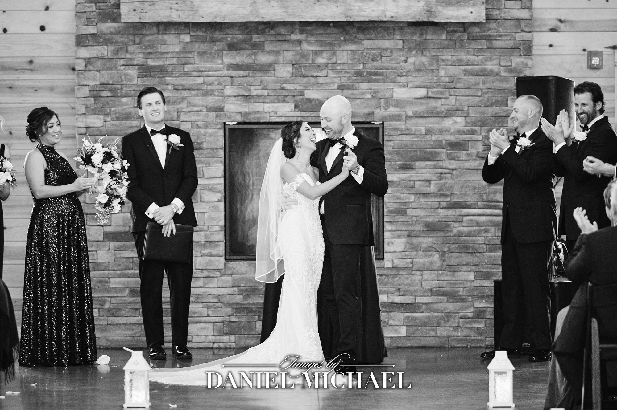 Wedding Ceremony Photo in front of fireplace